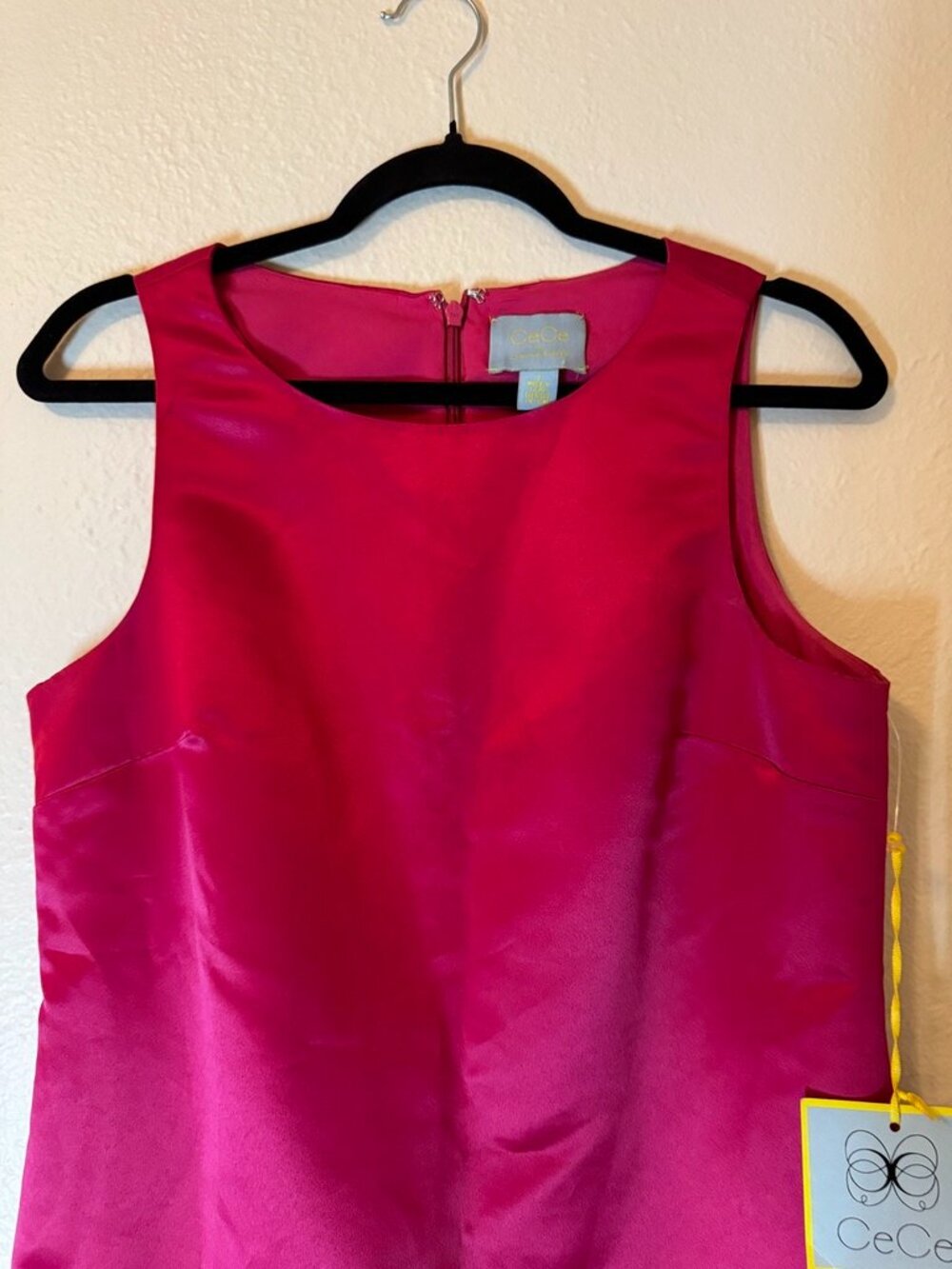Cece Fuschia Satin Sleeveless Sheath MIni Dress Drop Waist Ruffle Hem Size 8 - Picture 11 of 14